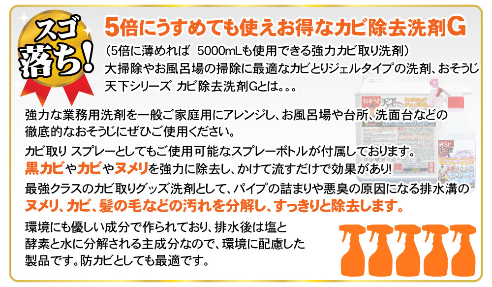 おそうじ天下カビ除去洗剤G(2L)は5倍に薄めて使えます
